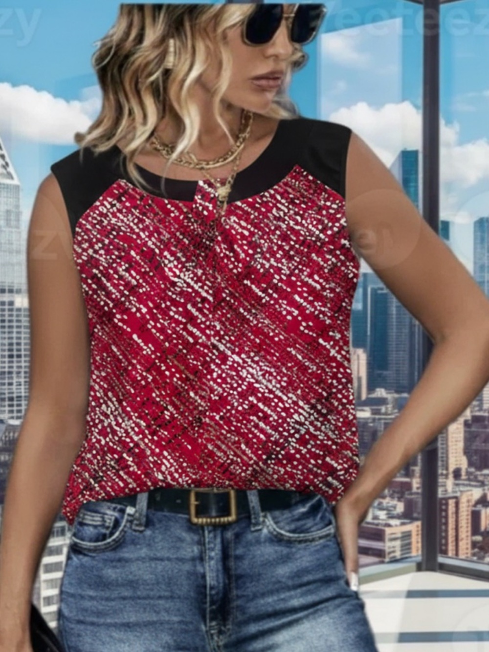 Laura Red Patterned Sleeveless Top With Black Trim 🔥 - Size XL, Excellent